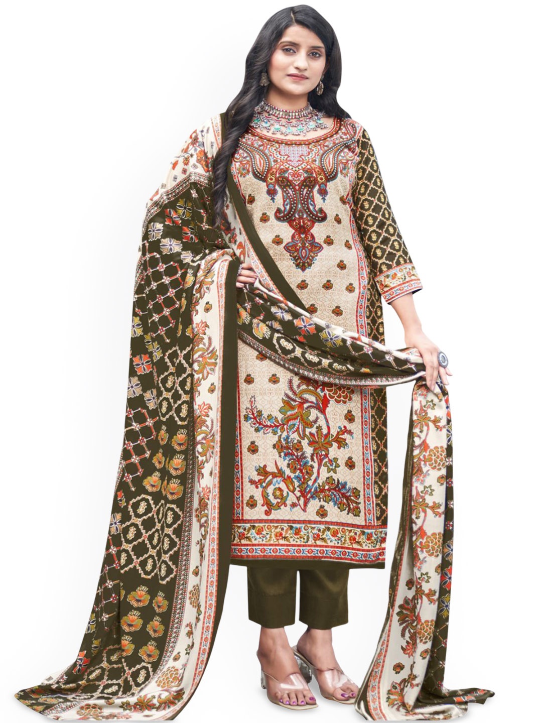 

DRAVINAM Trends Floral Printed Unstitched Dress Material, Brown