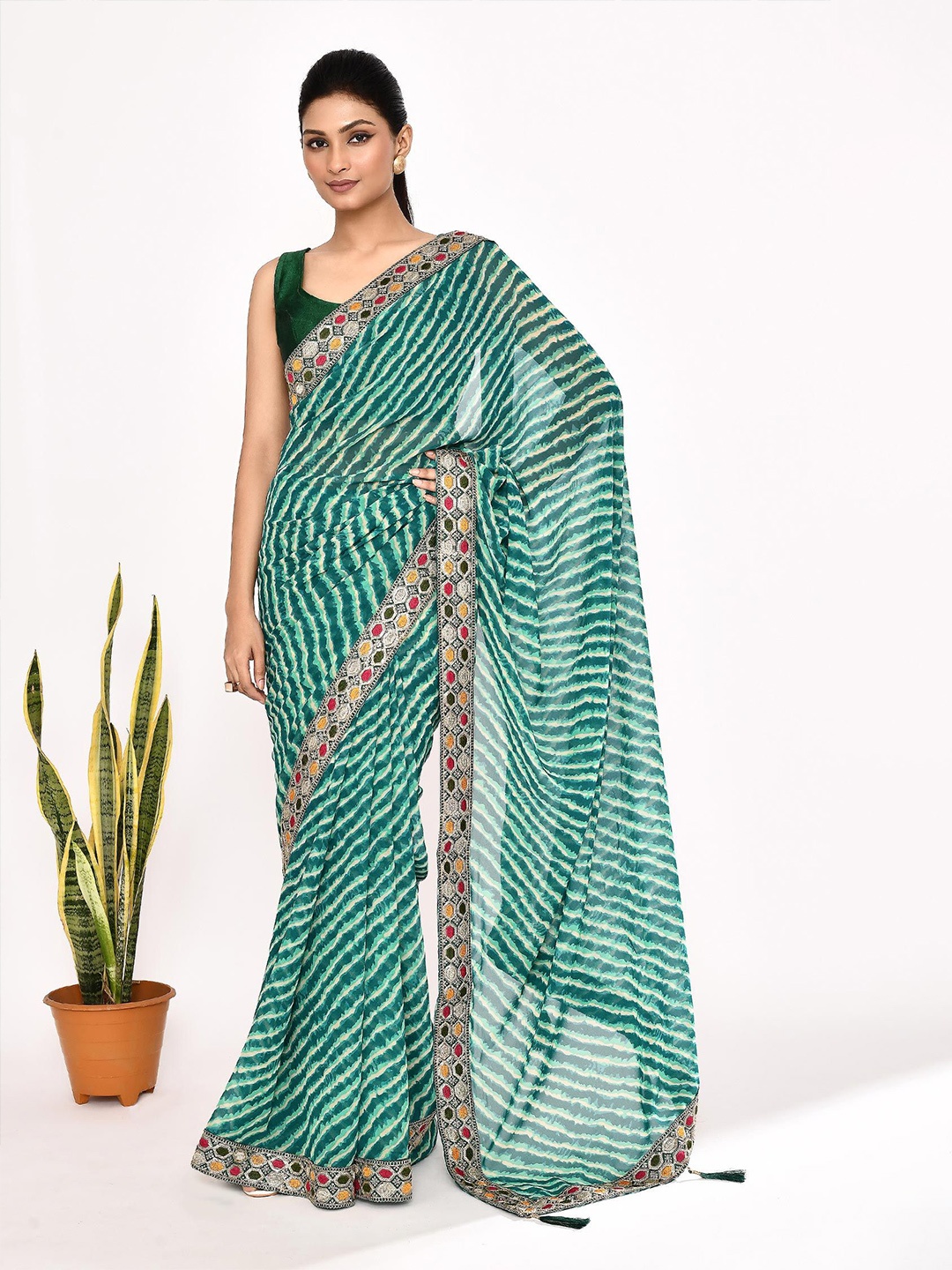 

Manu Designer Leheriya Embroidered Pure Georgette Saree, Green