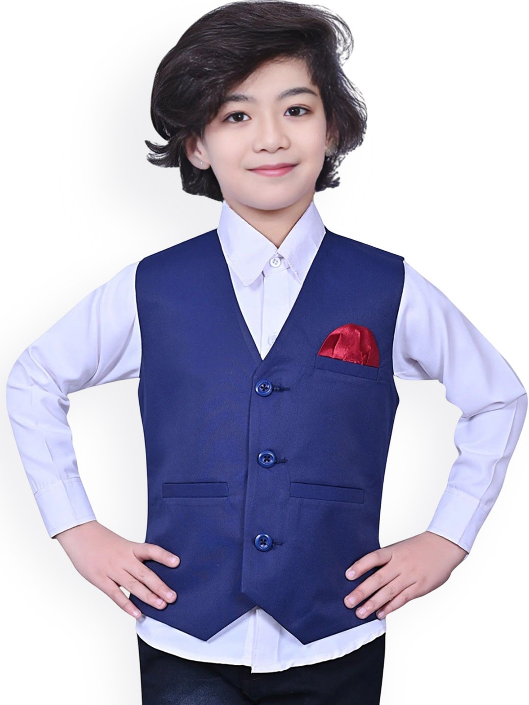 

Eliq Boys V-Neck Party Wear Waistcoat With Shirt, Navy blue