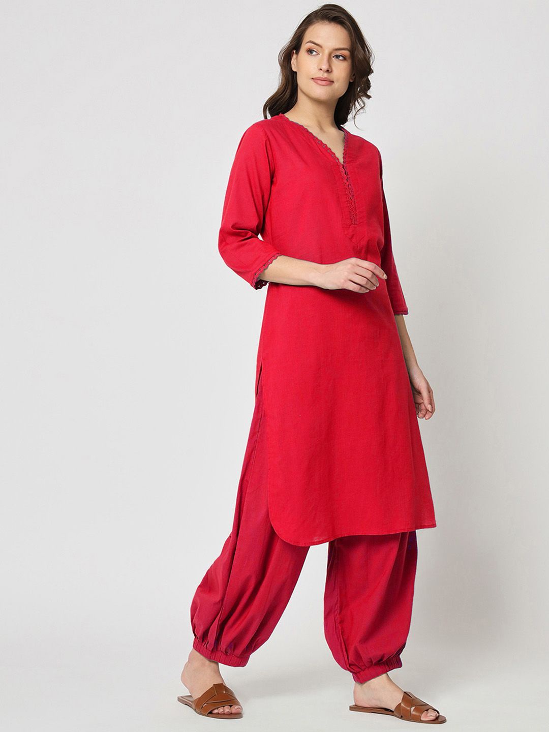 

Thevasa Lace Affair V-Neck Pure Cotton Tunic And Salwar, Red