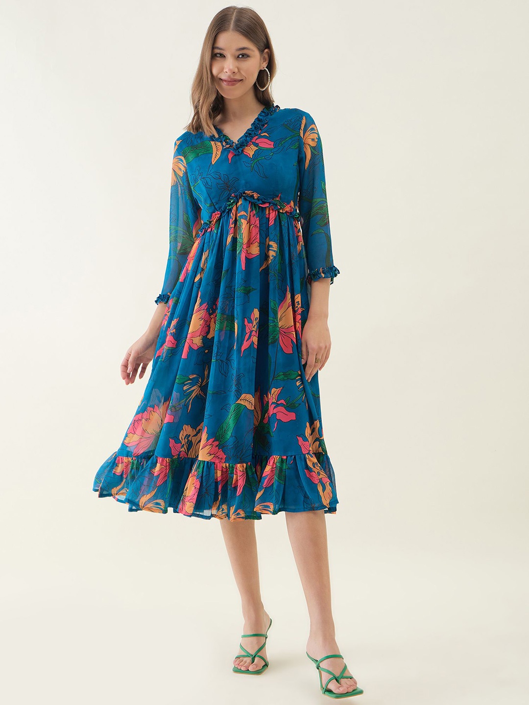 

OCTICS Women Floral Printed V-Neck Fit & Flare Empire Midi Dress, Blue