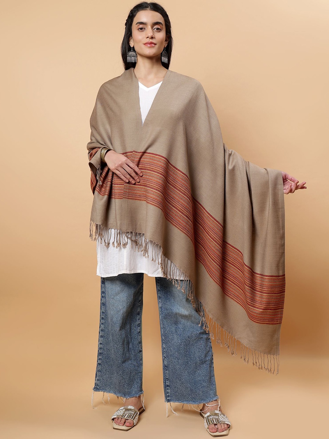 

Moda Chales Striped Woven Design Woolen Shawl, Brown