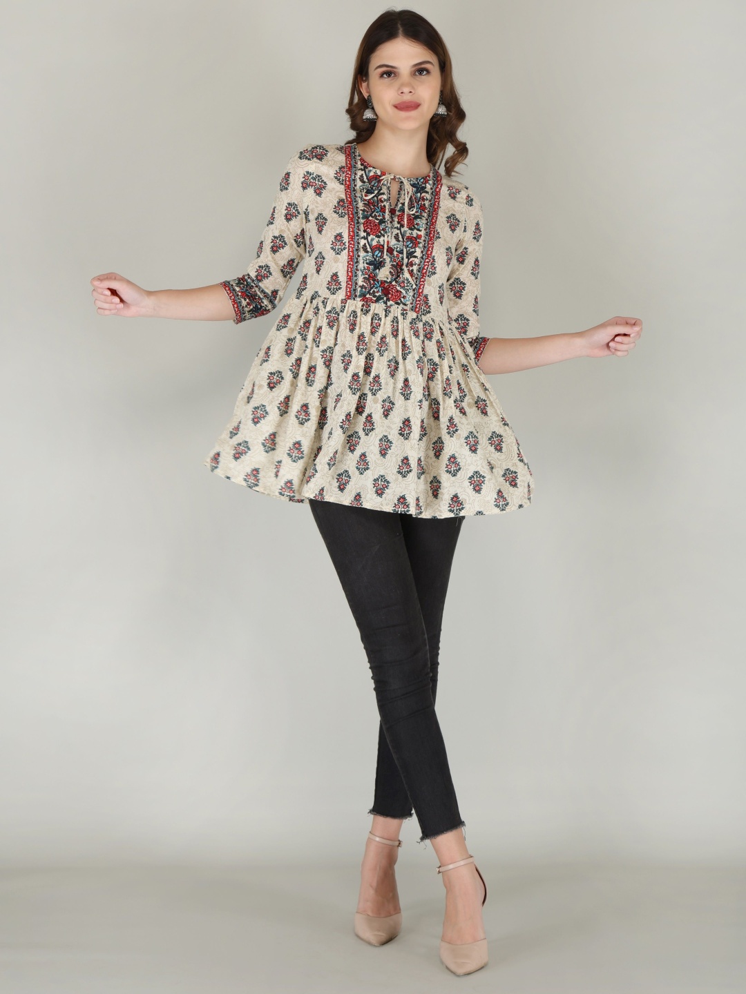 

AJ ART Women Floral Printed Floral Anarkali Kurta, Cream