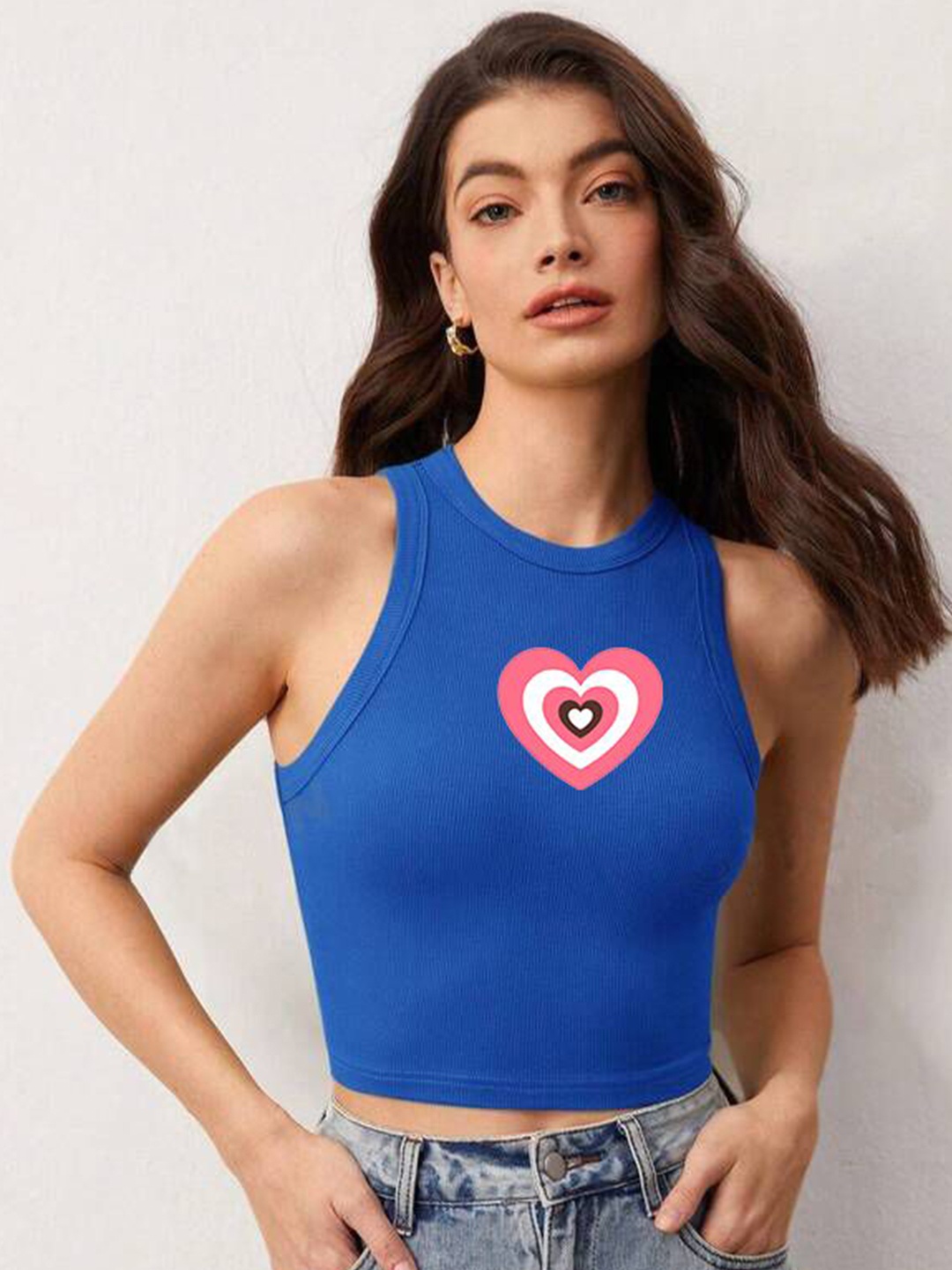 

The Roadster Lifestyle Co Printed Sleeveless Stretchable Crop Top, Blue