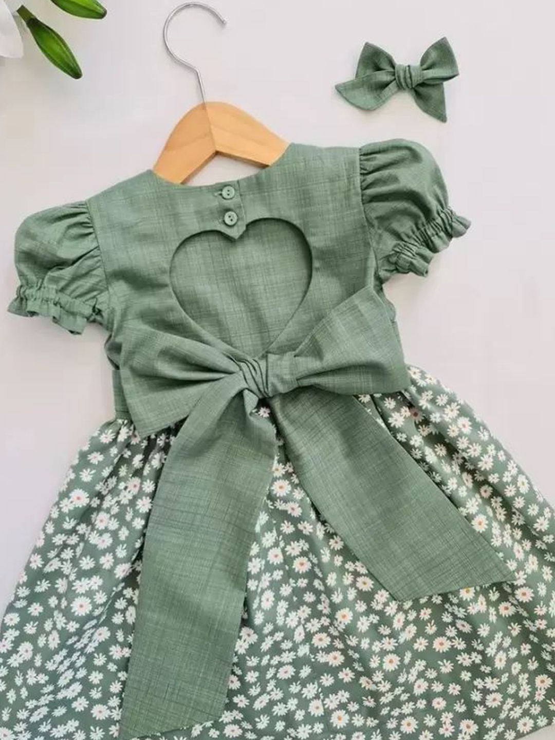 

BAESD Girls Floral Printed Cotton Puff Sleeve A-Line Dress, Green