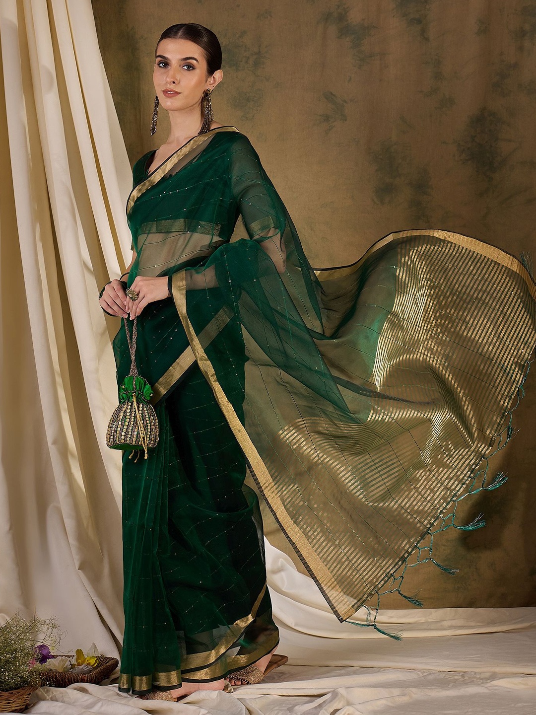 

KALINI Striped Sequinned Organza Handloom Saree, Green