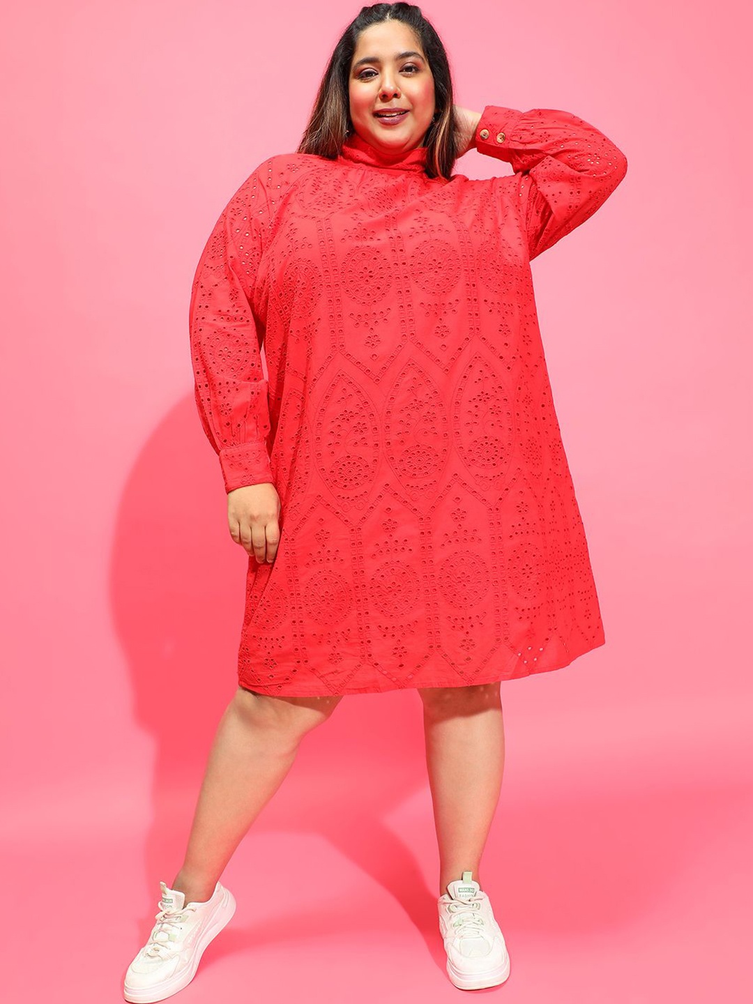 

Oxolloxo Women Plus Size Ethnic Motifs Embroidered Cotton A-Line Dress, Red