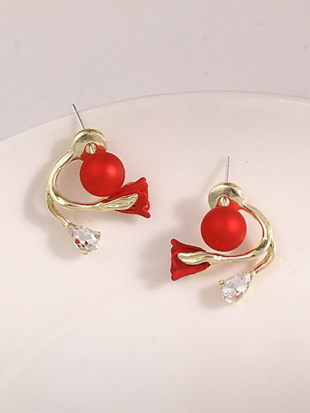 

BEYTER Sterling Silver Pearls Studded Tulip Shaped Studs, Red