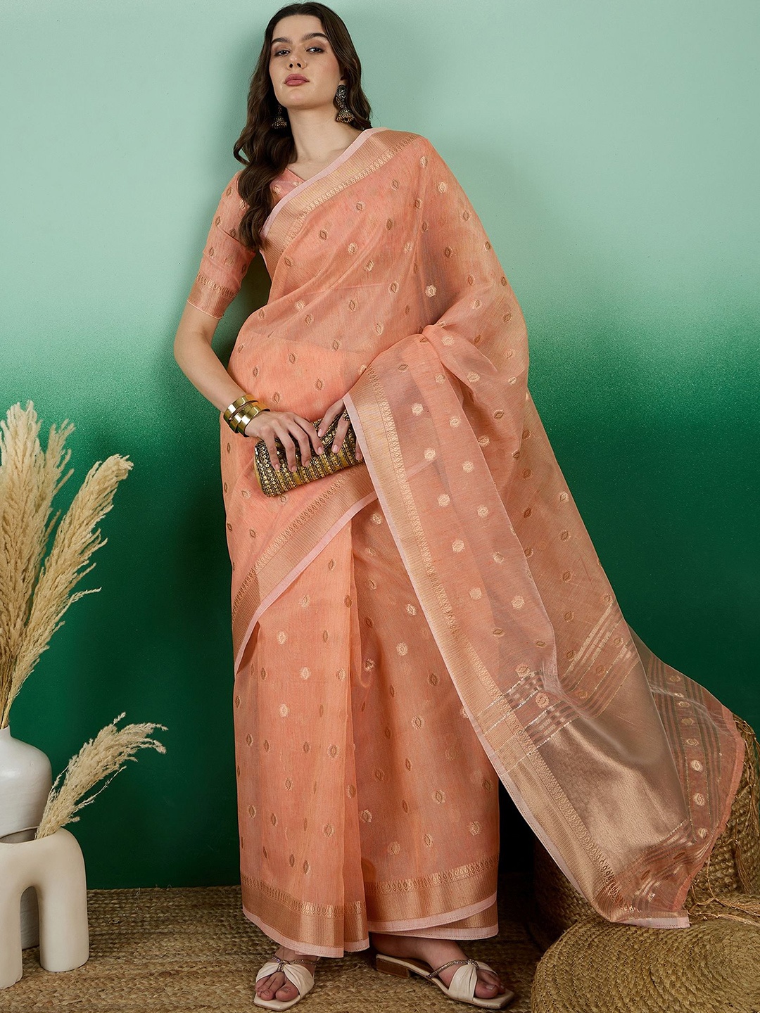 

KALINI Woven Design Zari Organza Banarasi Saree, Orange