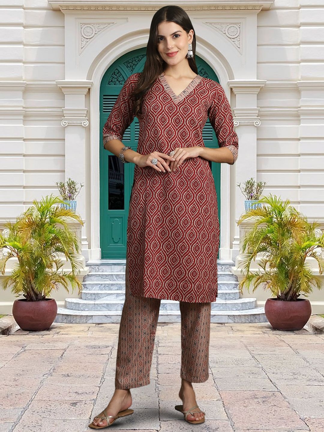 

Moda Rapido Ethnic Motifs Printed V-Neck Straight Kurta With Trousers And Dupatta, Brown