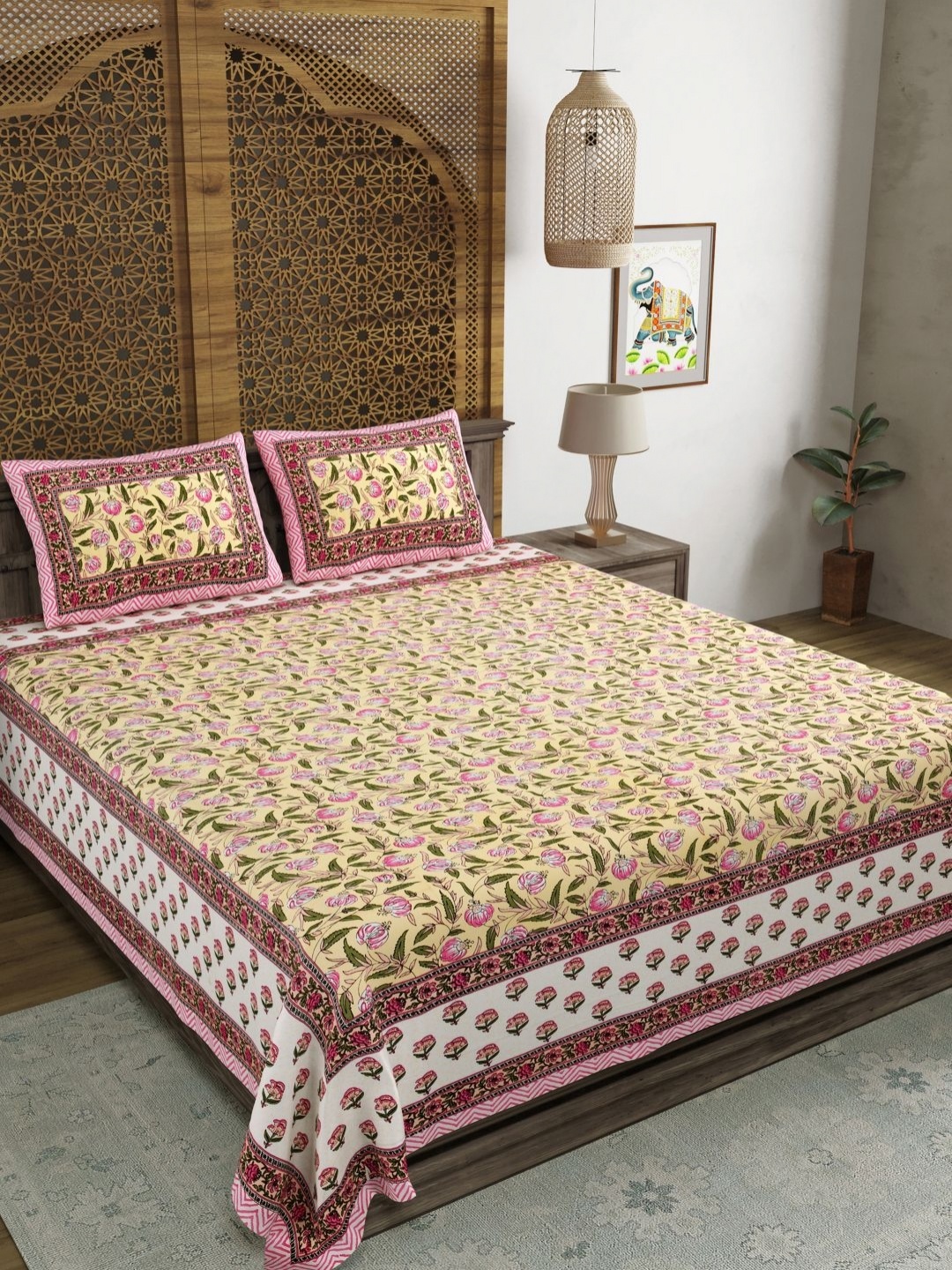 

Myntra Elegant Homes Yellow Floral Printed 120 TC Cotton King Bedsheet Set 2.18 m x 2.64 m