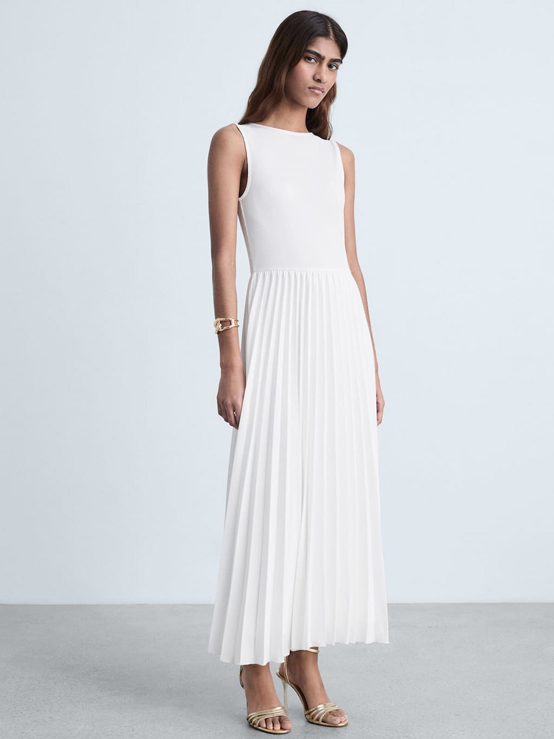 

MANGO Fit & Flare Accordion Pleats Maxi Dress, White