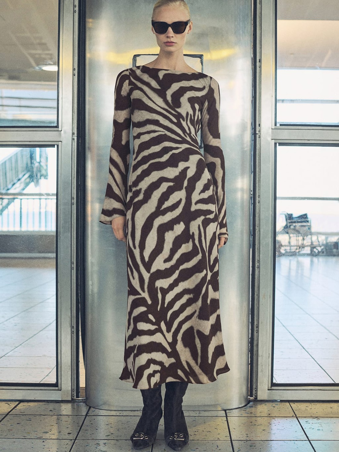 

MANGO Zebra-print Flared A-Line Midi Dress, Beige