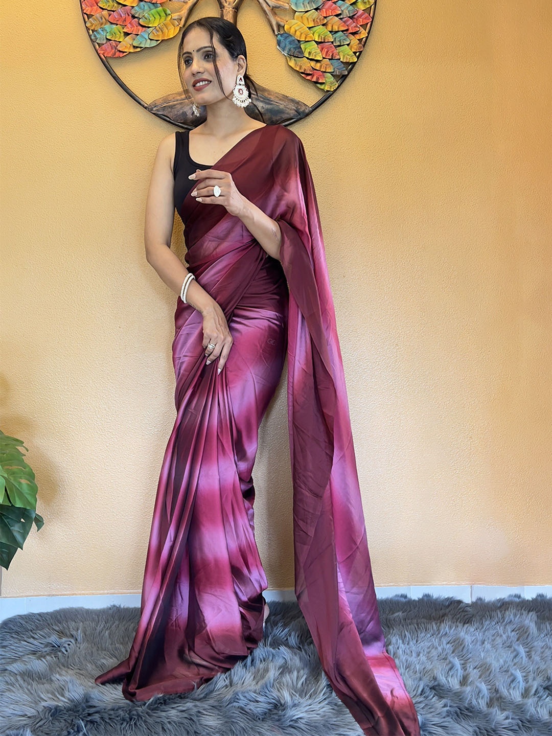 

ZIBLON Striped Pure Georgette Ready to Wear Saree, Maroon