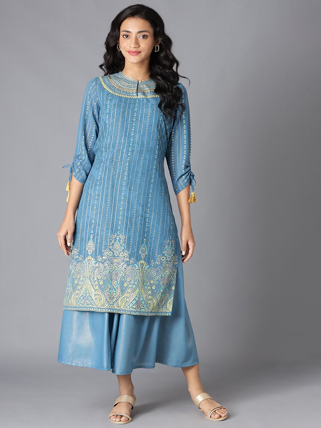 

AURELIA Ethnic Motifs Printed Keyhole Neck Straight Kurta, Blue