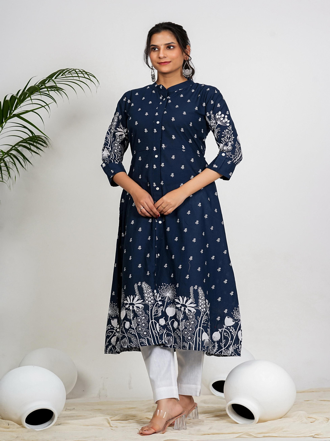 

Vbuyz Floral Embroidered Cotton Band Collar A-Line Kurta, Navy blue
