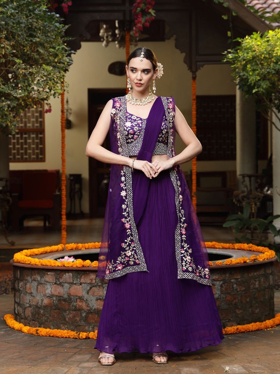 

Stylum Embroidered Beads and Stones Ready to Wear Lehenga & Blouse With Dupatta, Purple