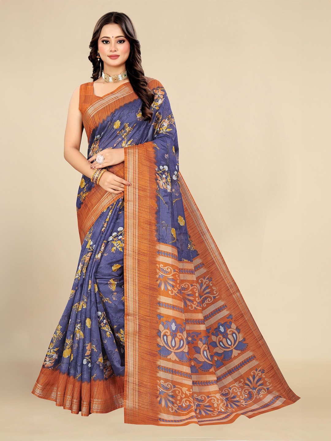 

Styleveda Floral Printed Zari Saree, Purple