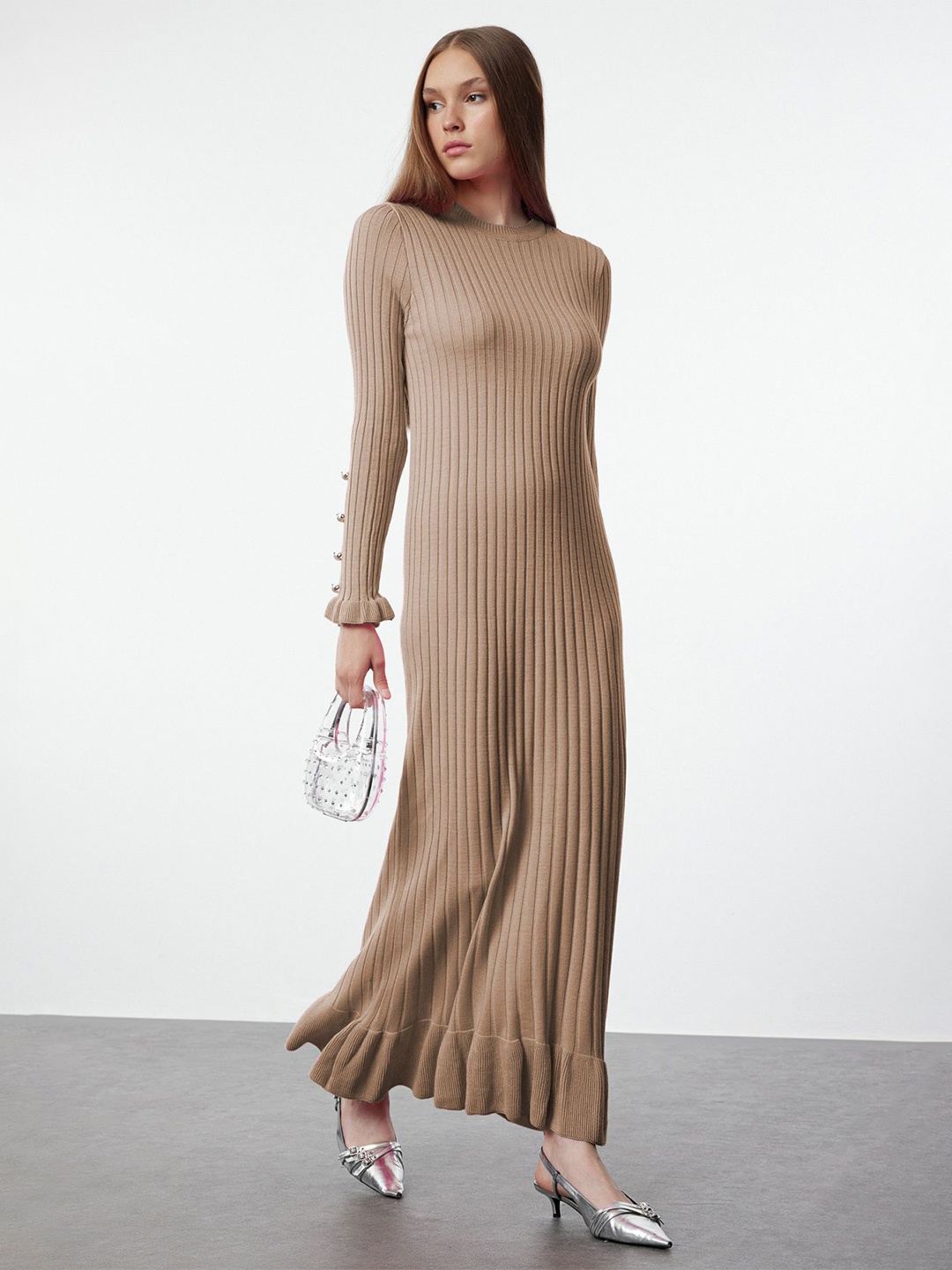 

Trendyol Striped Bell Sleeve Jumper Maxi Dress, Beige