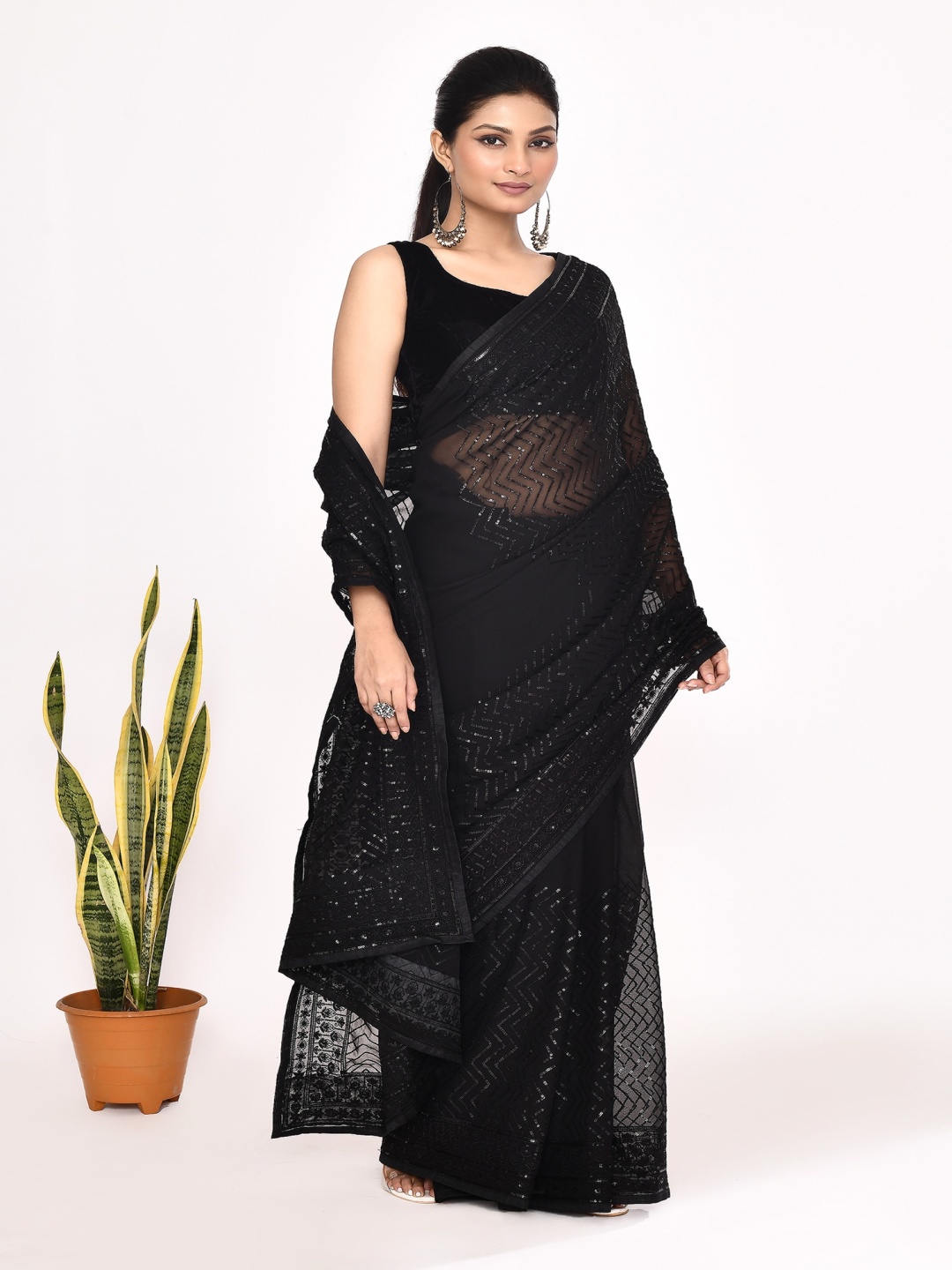 

Manu Designer Embellished Beads and Stones Pure Georgette Saree, Black