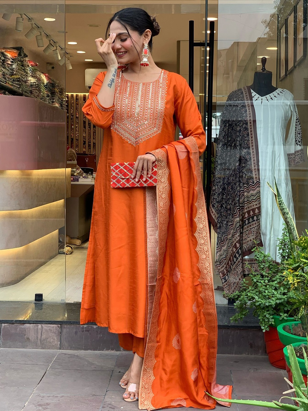 

HERE&NOW Yoke Design Straight Thread Work Chanderi Silk Kurta With Trousers And Dupatta, Orange