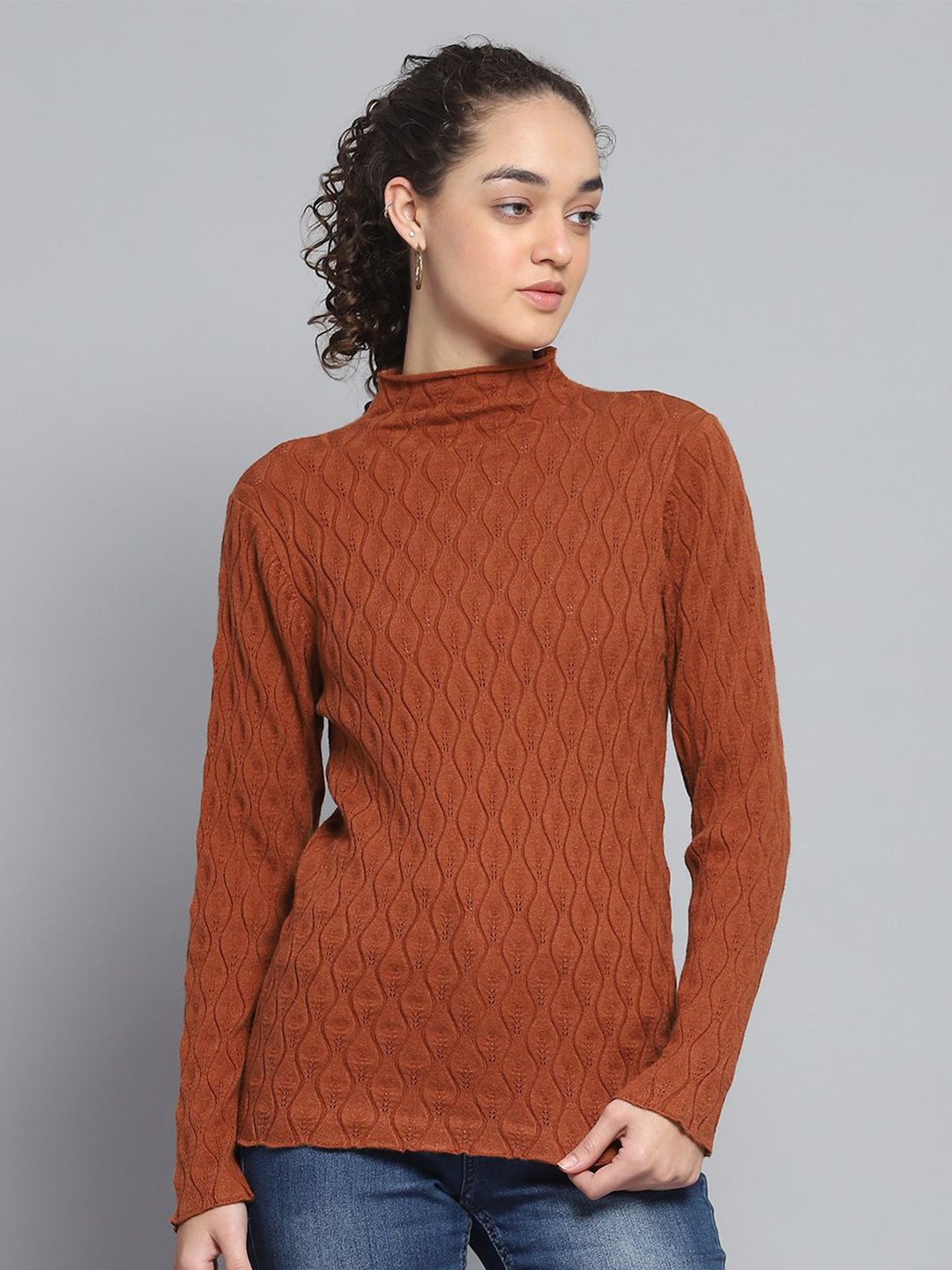 

Monte Carlo Women Woollen High Neck Full Sleeve Pullover Sweater, Rust