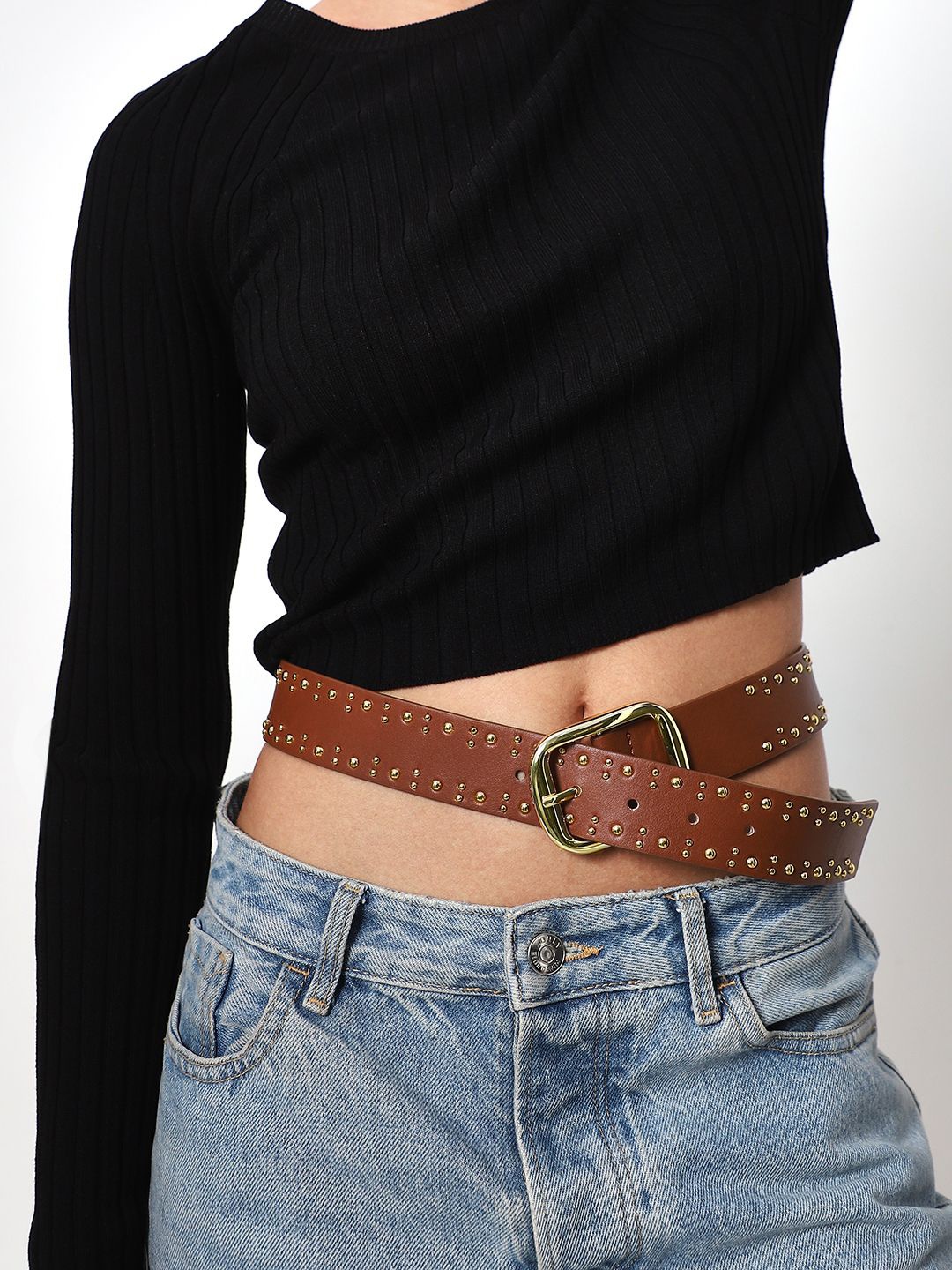 

ONLY Women Embellished PU Wide Belt, Brown