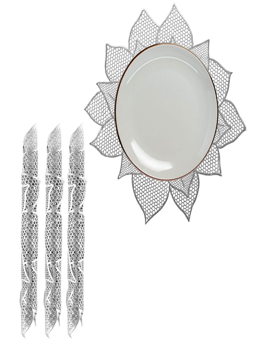 

TANLOOMS Silver-Toned 4 Pieces Flower Cut Work Design Rexine Table Placemats
