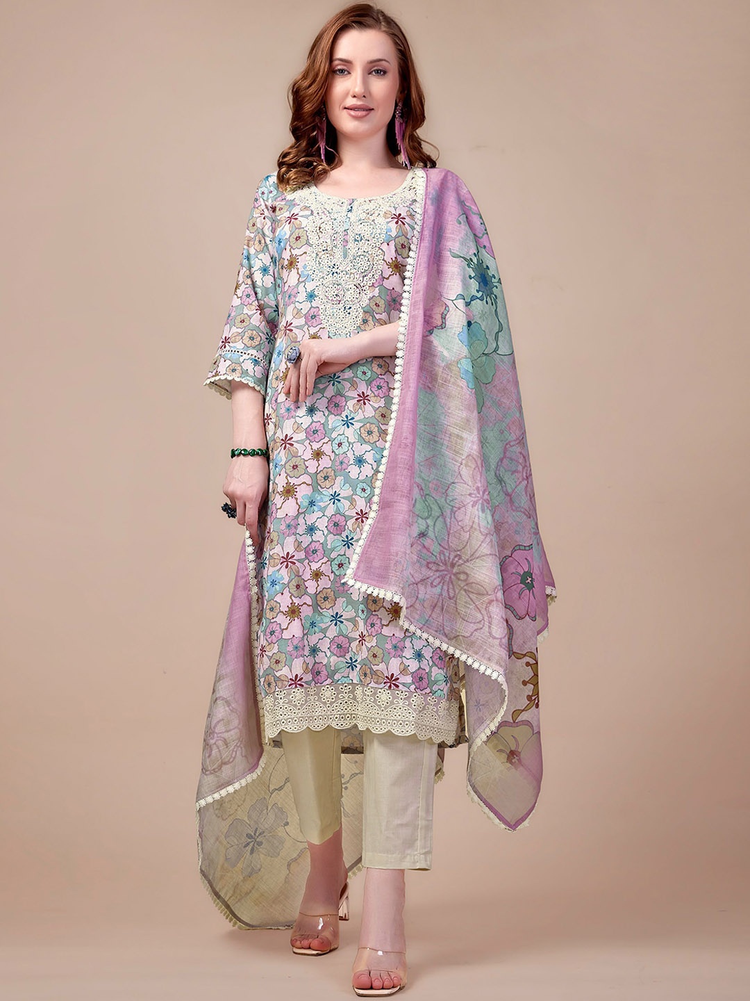 

VIRICA Women Floral Embroidered Regular Chikankari Linen Kurta with Trousers & With Dupatta, Lavender