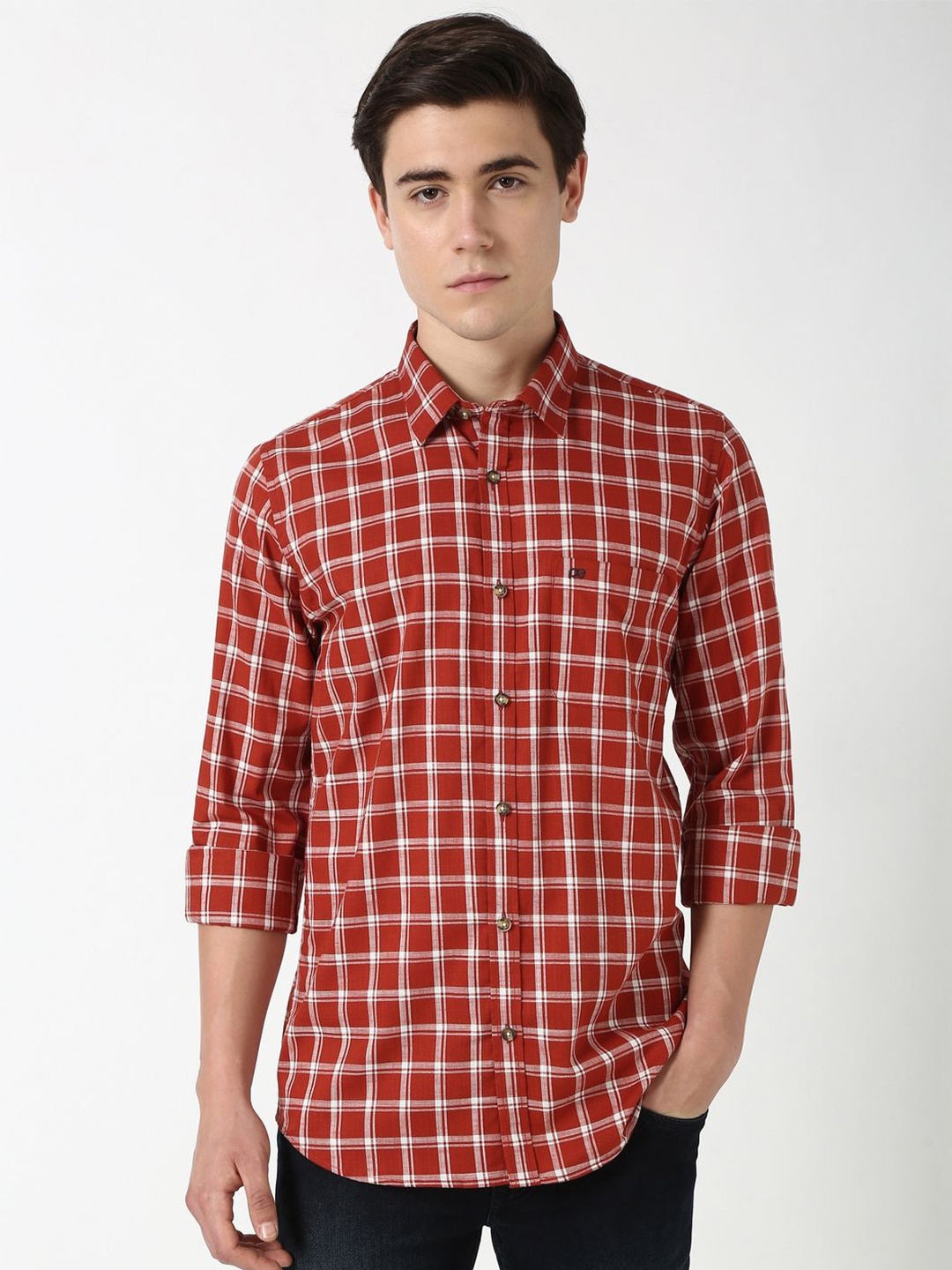

Peter England Casuals Men Spread Collar Tartan Checked Cotton Casual Shirt, Red