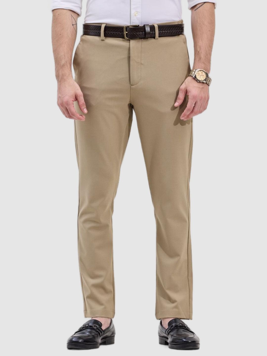 

Snitch Men Smart Slim Fit Formal Trousers, Beige