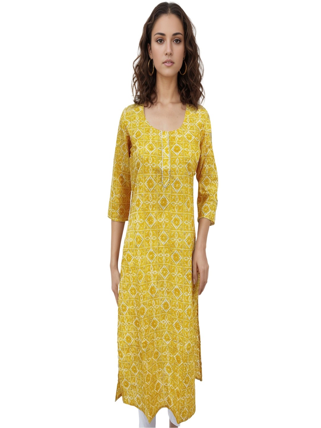 

RAYINVENT Ethnic Motifs Printed Round Neck Gotta Patti Pure Cotton Straight Kurtas, Yellow