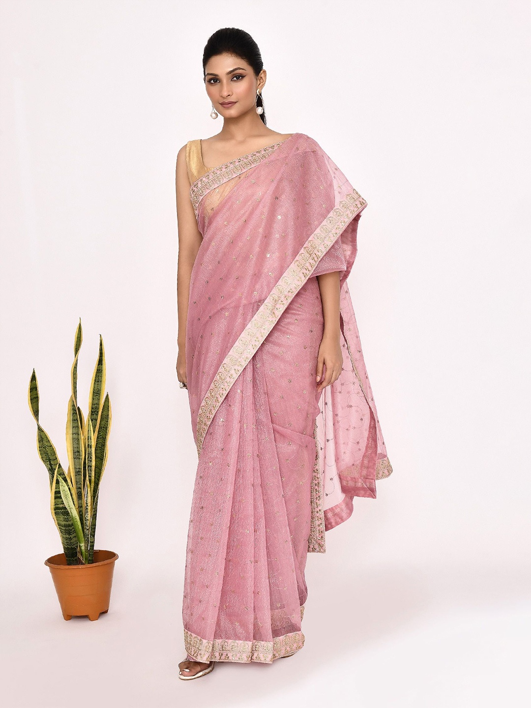 

Manu Designer Floral Embroidered Organza Saree, Pink