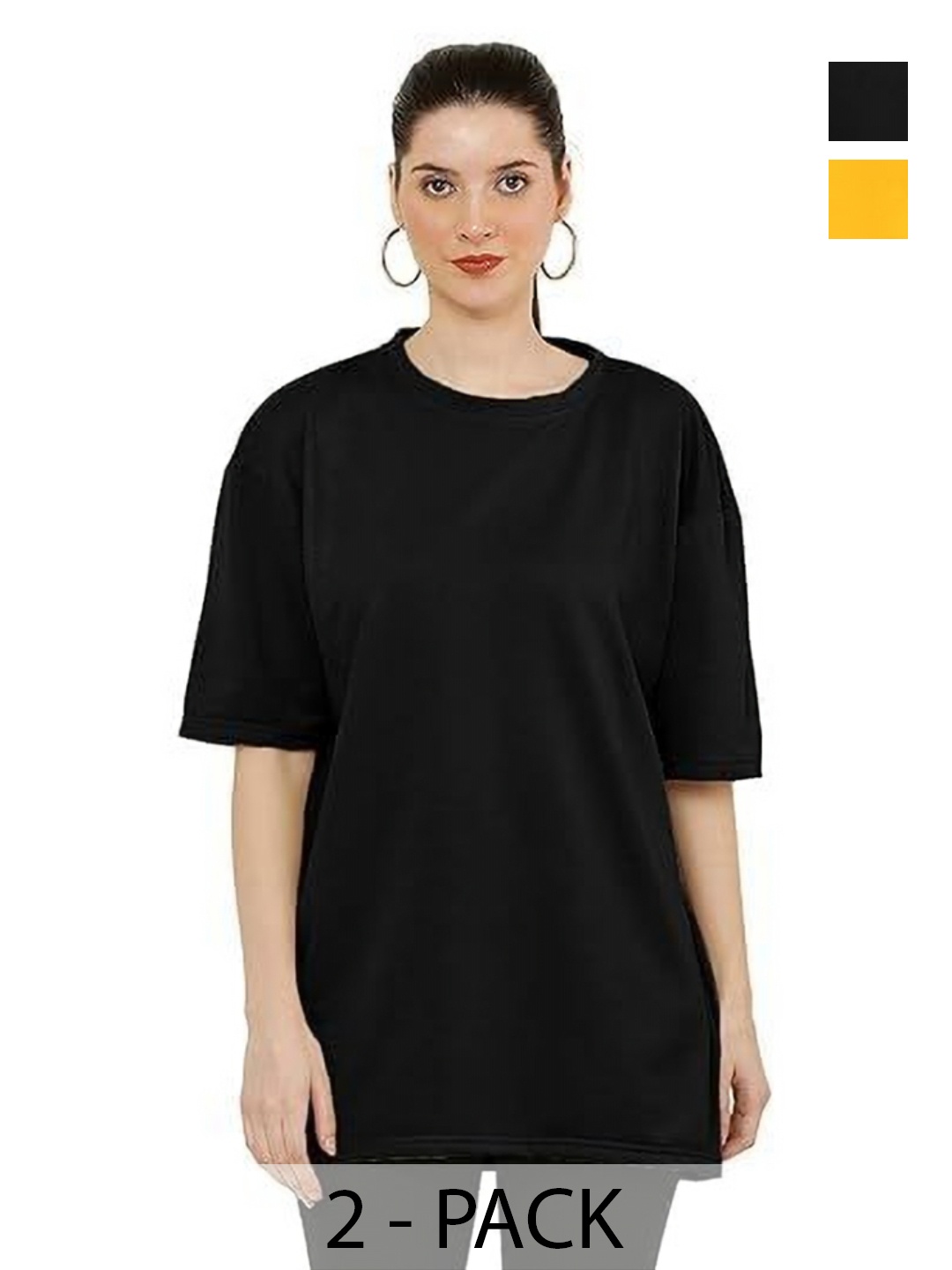 

NOTWILD Women Pack Of 2 Solid Round Neck Cotton Oversized T-shirts, Yellow