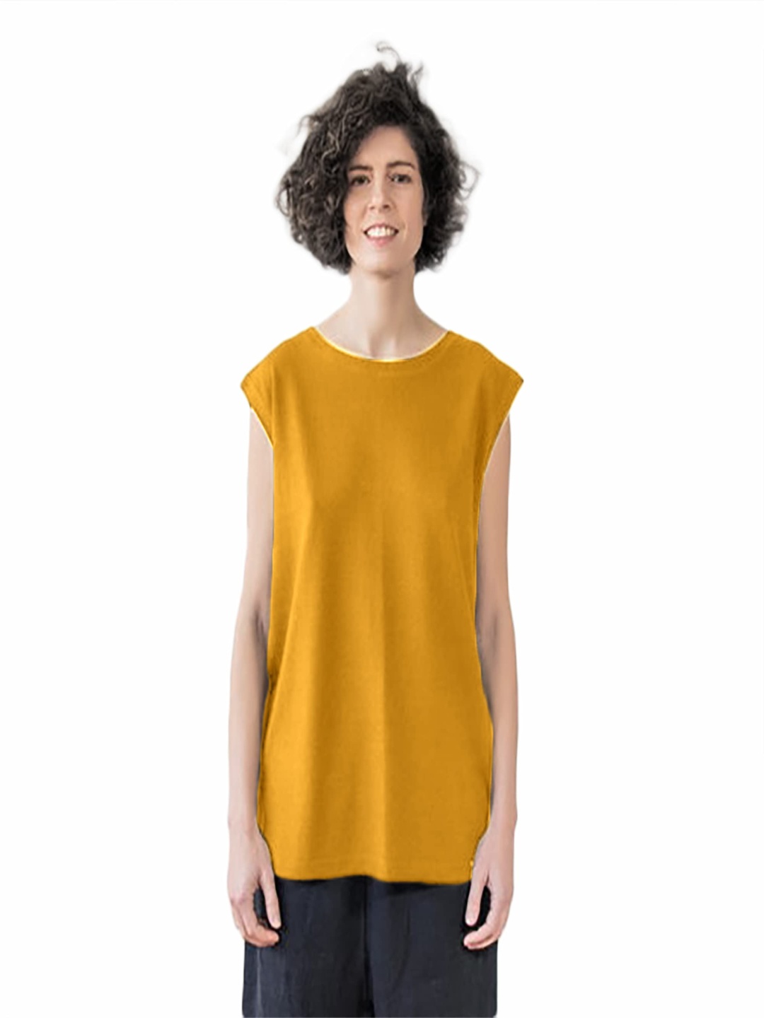 

NOTWILD Women Solid Round Neck Cotton T-shirt, Mustard