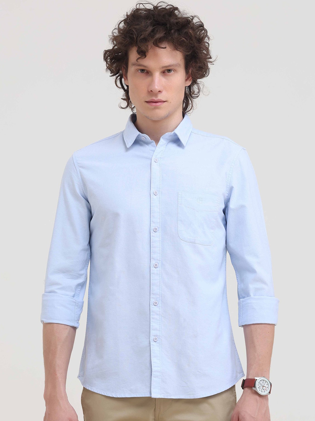 

Grit and Flair Men Comfort Fit Spread Collar Solid Cotton Casual Shirt, Blue