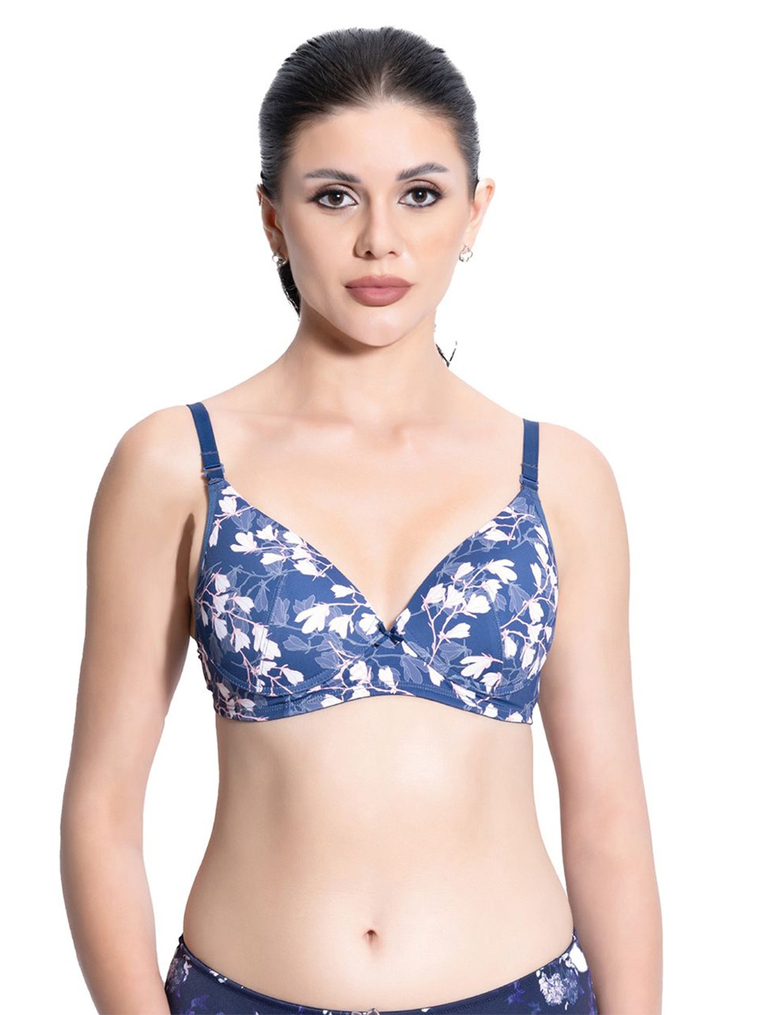 

VStar Women Floral Printed Medium Coverage Lightly Padded T-shirt Bra, Navy blue