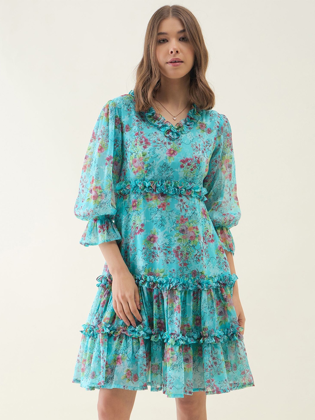 

OCTICS Floral Printed Frilled Chiffon Fit & Flare Dress, Turquoise blue