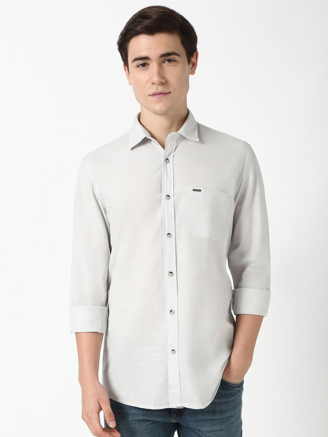 

Peter England Casuals Men Slim Fit Spread Collar Solid Cotton Shirt, Grey