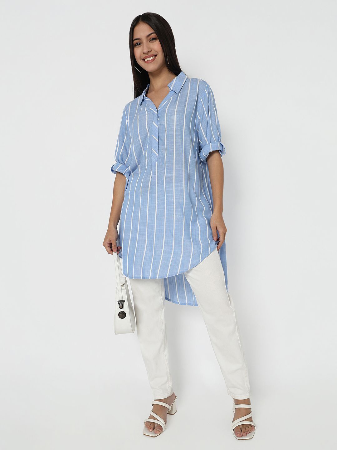 

R&B Striped Roll-Up Sleeves High-Low Longline Top, Blue