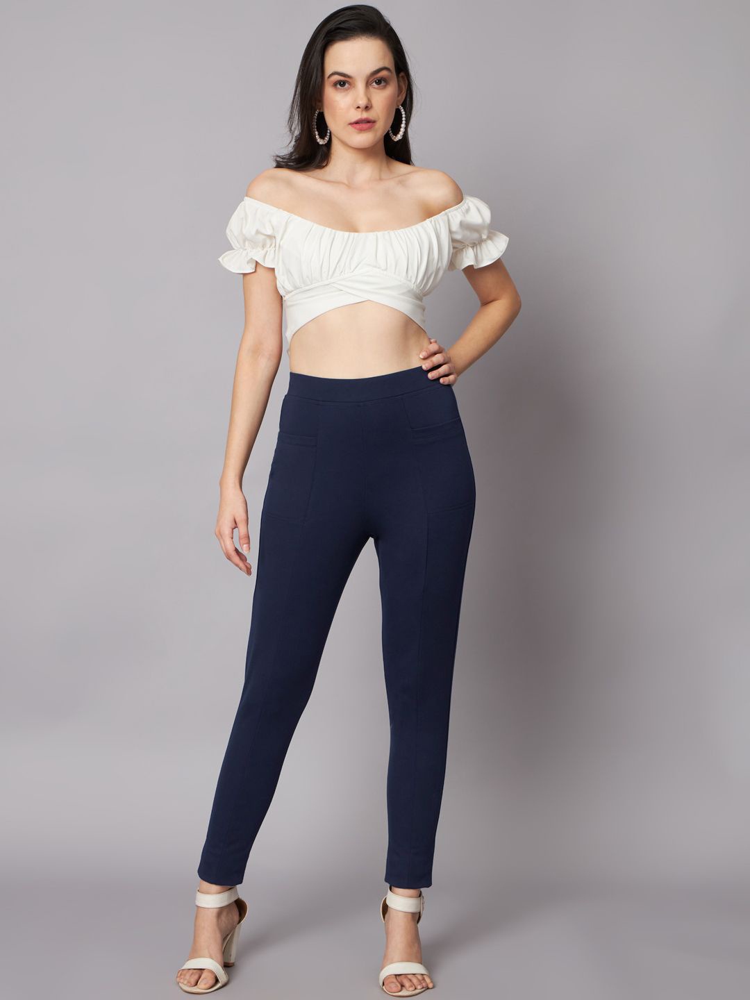 

REBERRY Women Solid Slim Fit High-Rise Jegging, Navy blue