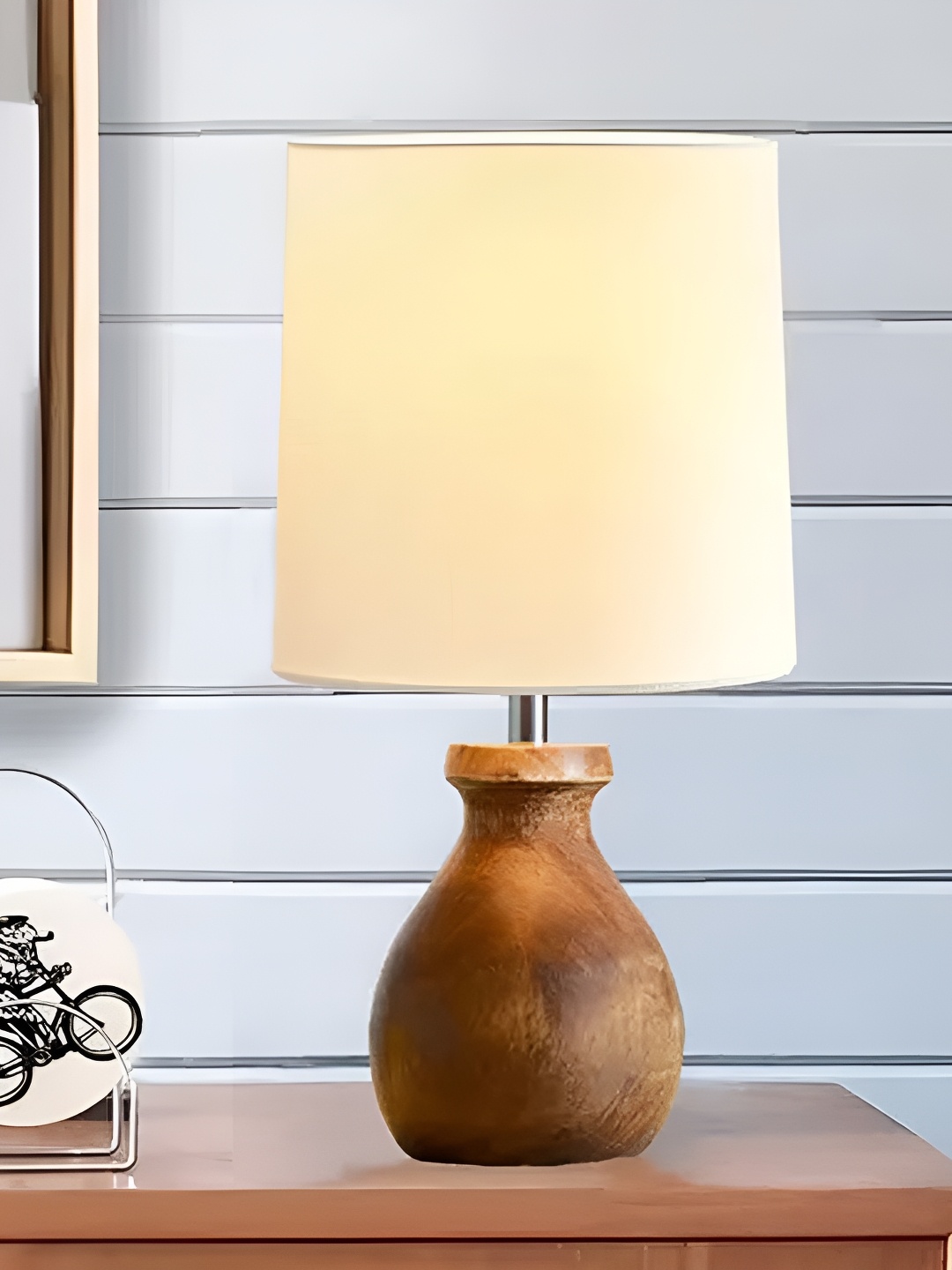 

Homesake White & Brown Wooden Cylindrical Shaped Table Lamp with Bulb