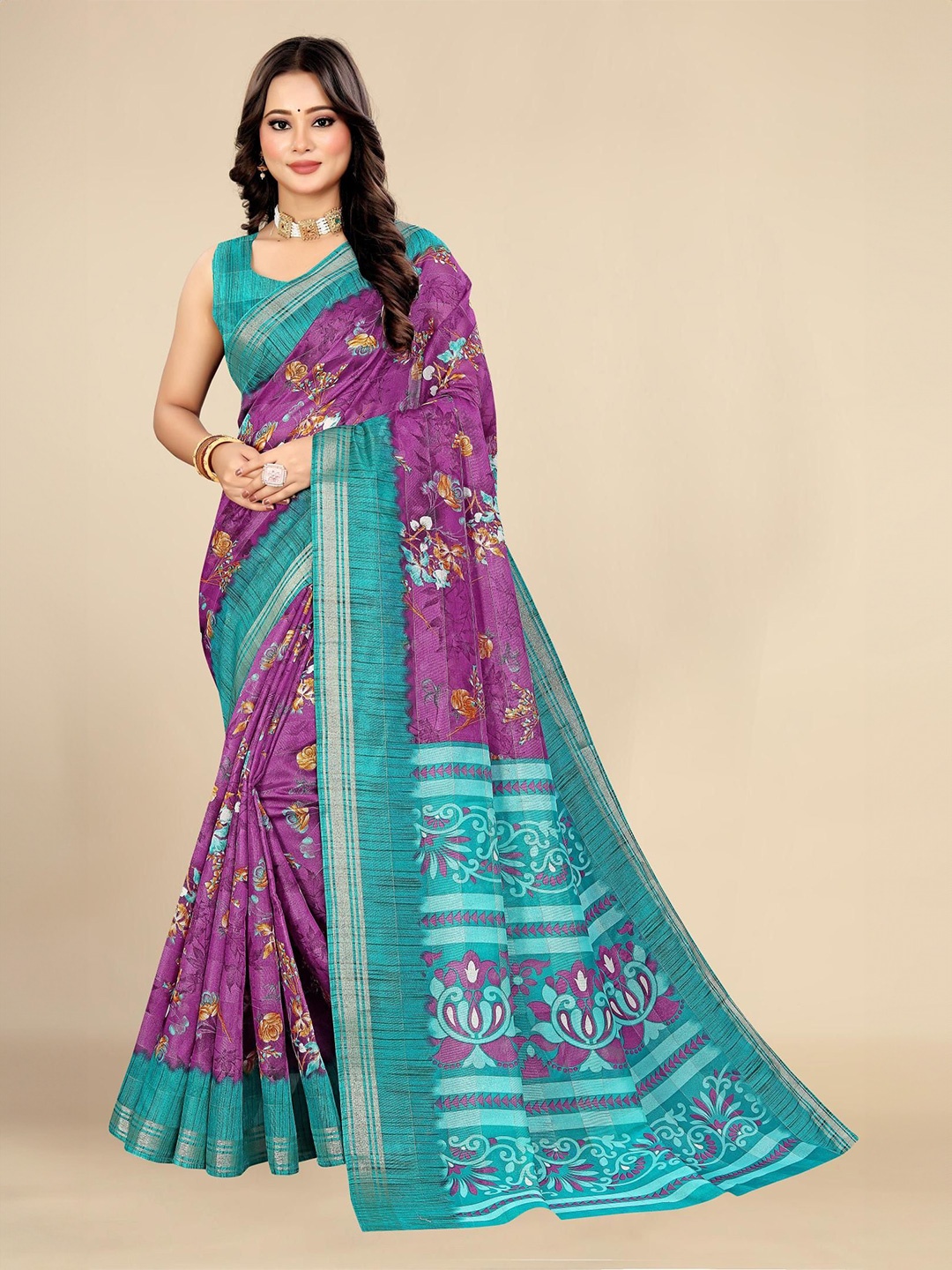 

Styleveda Floral Printed Zari Saree, Pink