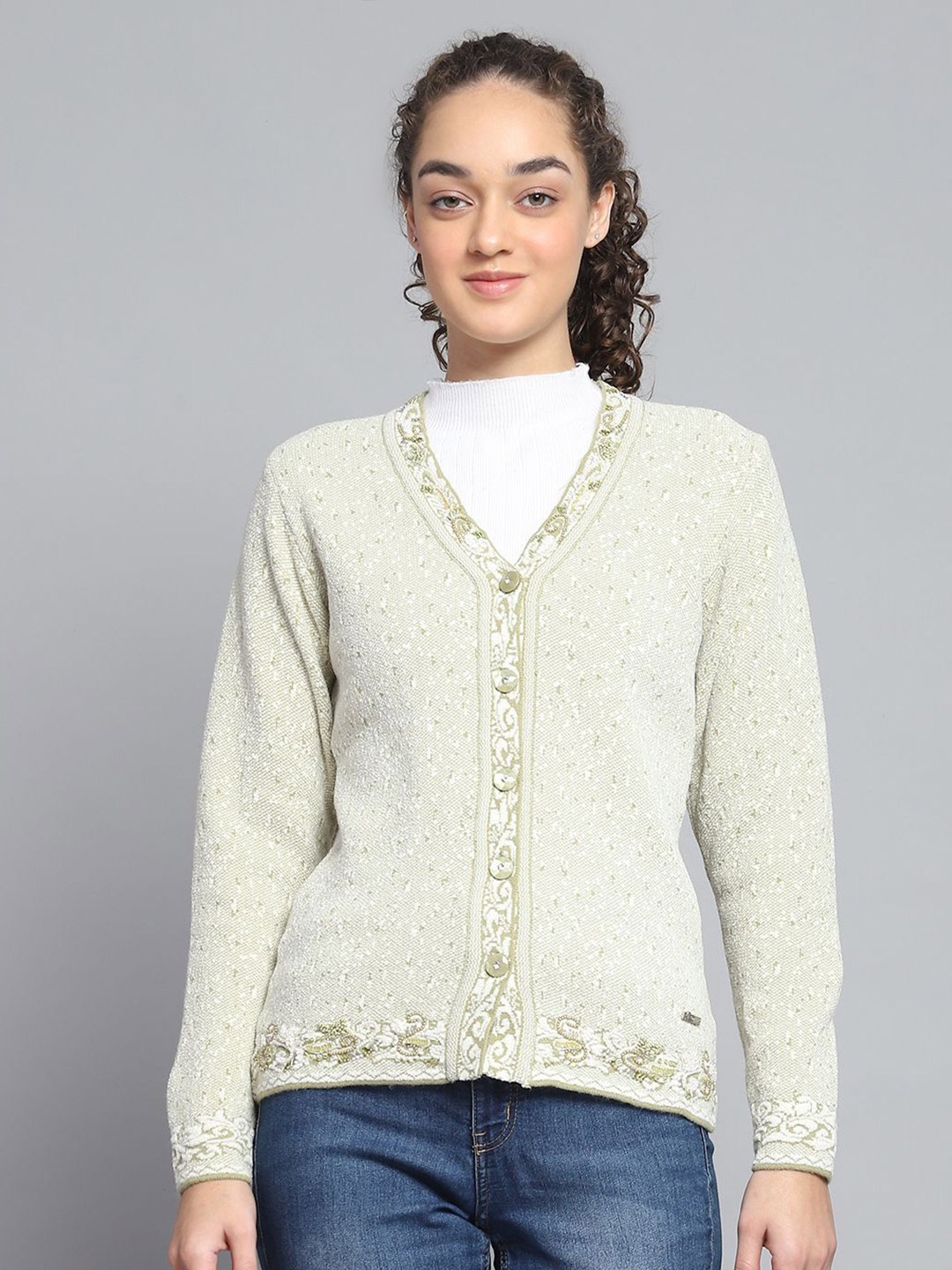 

Monte Carlo Women Embroidered Woollen Cardigan, Green