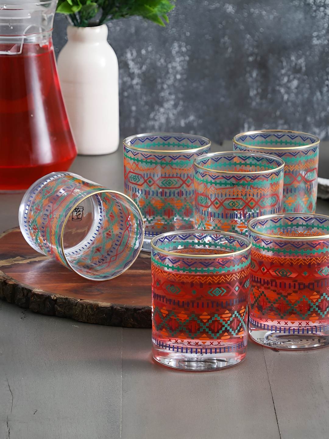 

EK DO DHAI Transparent 6 Pieces Geometric Printed Golden Line Bar Glass 300 ml Each