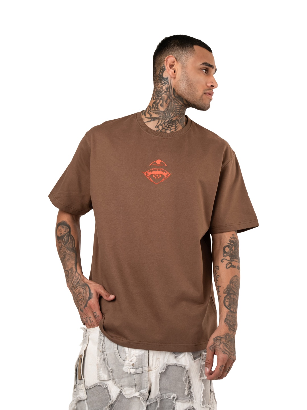 

RHINO CULT Men Graphic Printed Round Neck Cotton Oversized T-shirt, Brown