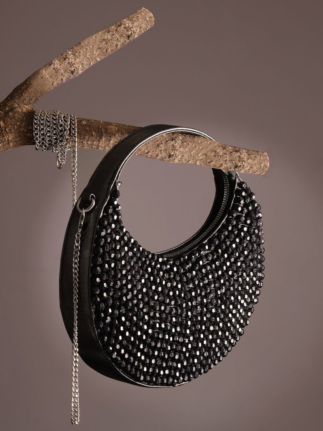 

AQUATAN Women Embellished Half Moon Hobo Bag, Black