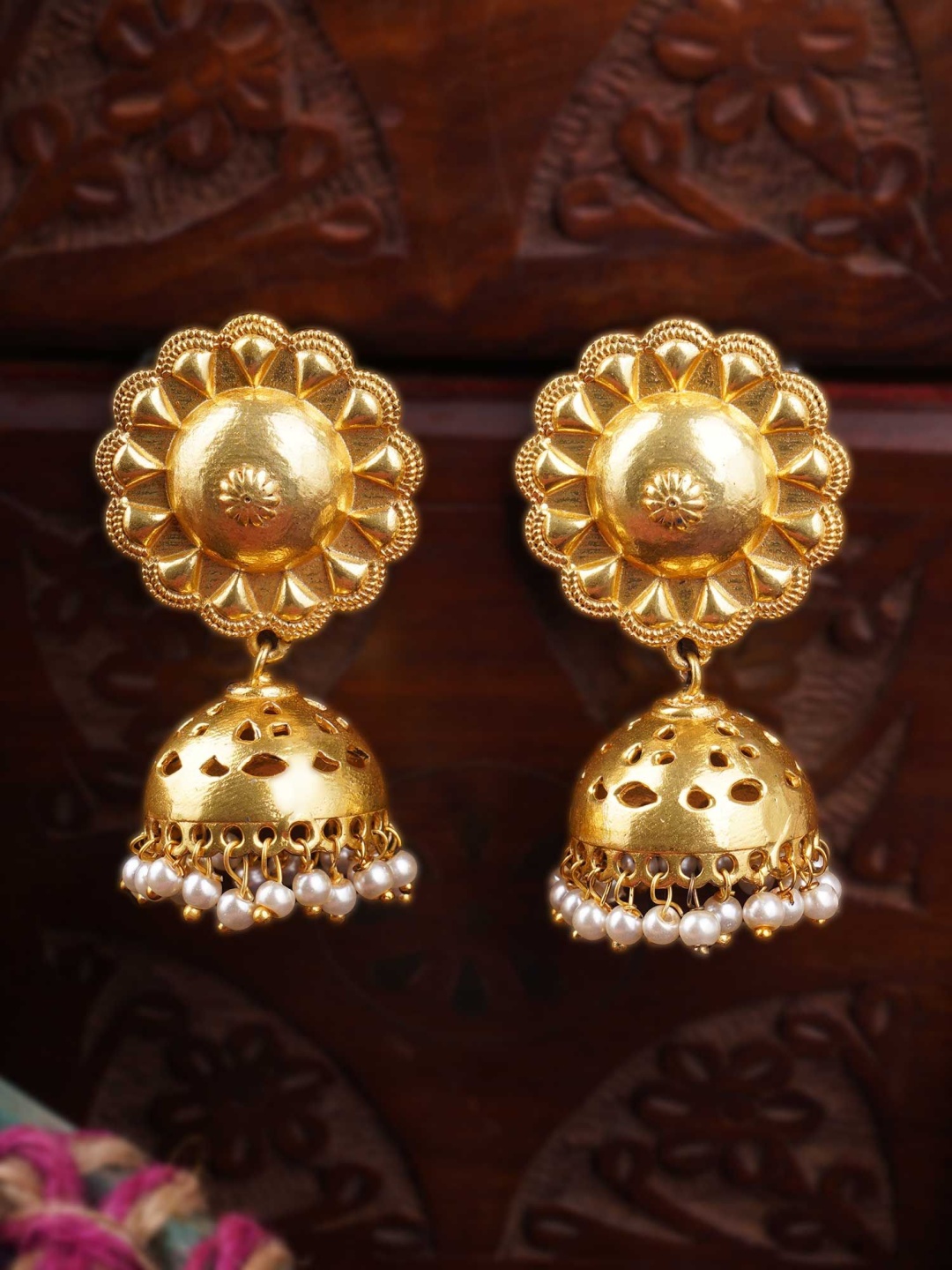 

Adwitiya Gold-Plated Artificial Beads Beaded Dome Shaped Jhumkas