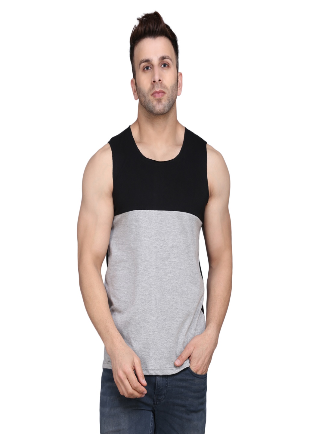 

WOOSTRO Men Pack Of 2 Colourblocked Round Neck Cotton Slim Fit T-shirts, Grey