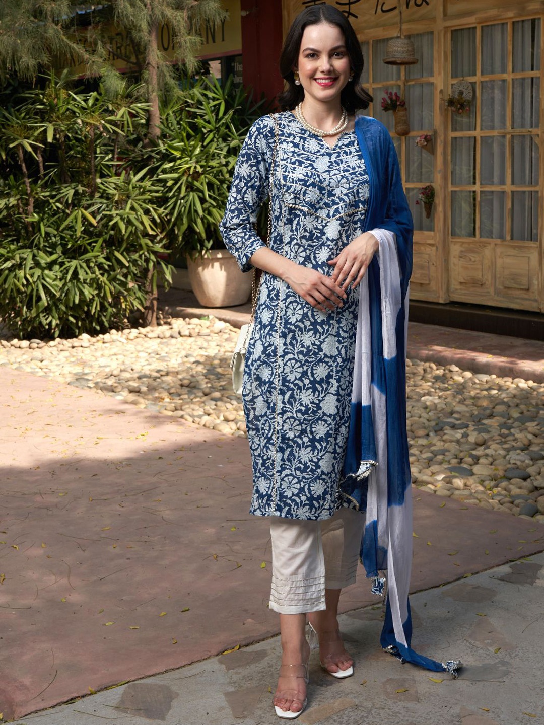 

Sangria Navy Blue Floral Printed Notch Neck Pure Cotton Kurta With Trousers And Dupatta